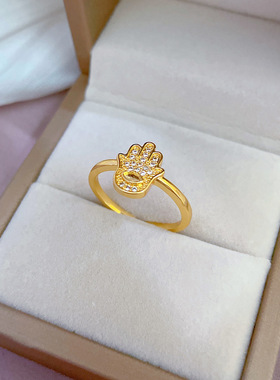 【真金】韩版满钻手掌戒指开口可调节款简约手饰日系指环情侣对戒