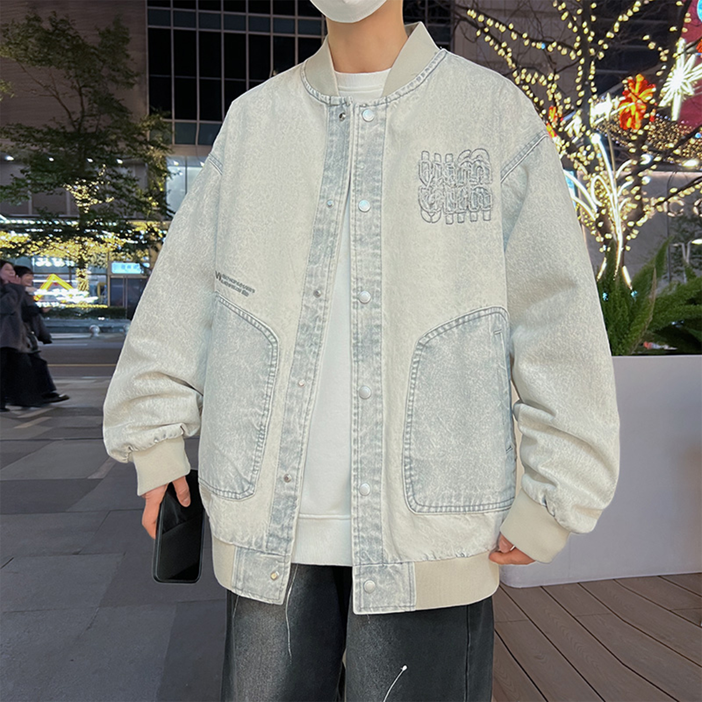 水洗牛仔外套男生春秋季新款学生青少年假两件帅气夹克男装士潮牌 - 图1