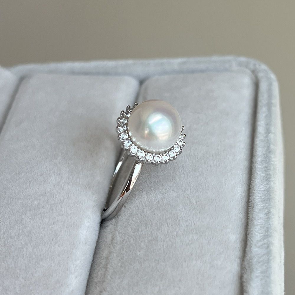 S925 sterling silver mirror extremely bright pure white silky smooth and flawless natural white pearl ring 9mm sunflower