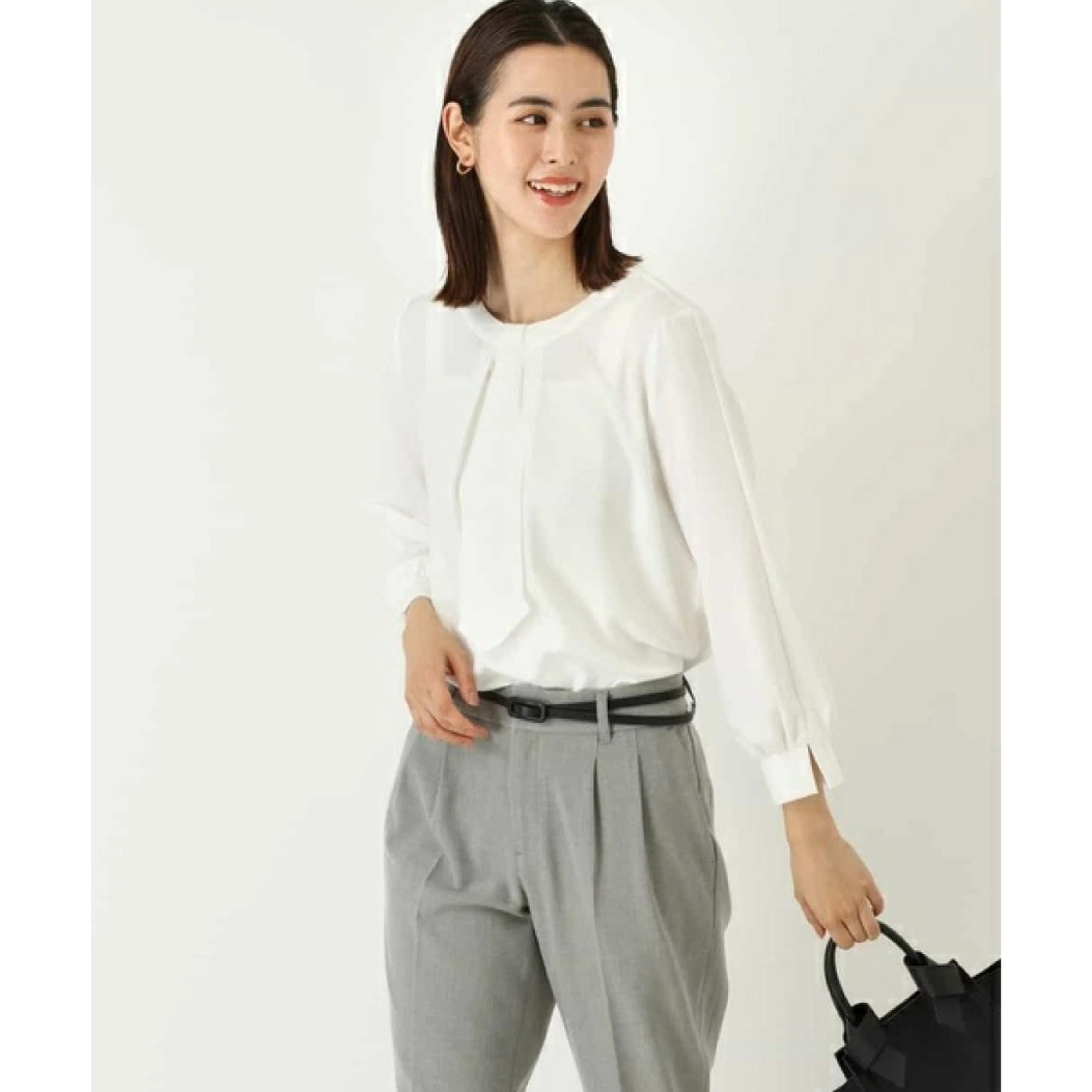 日单品牌春秋新款简约通勤百搭圆领一粒扣飘带领带内衬衬衫30698 - 图0