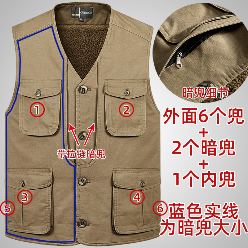 加绒加厚冬季男式保暖马甲中老年人爸爸多口袋纯棉背心男士纽扣款 - 图1