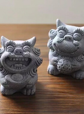 3D打印仿大理石石狮子摆件一对
