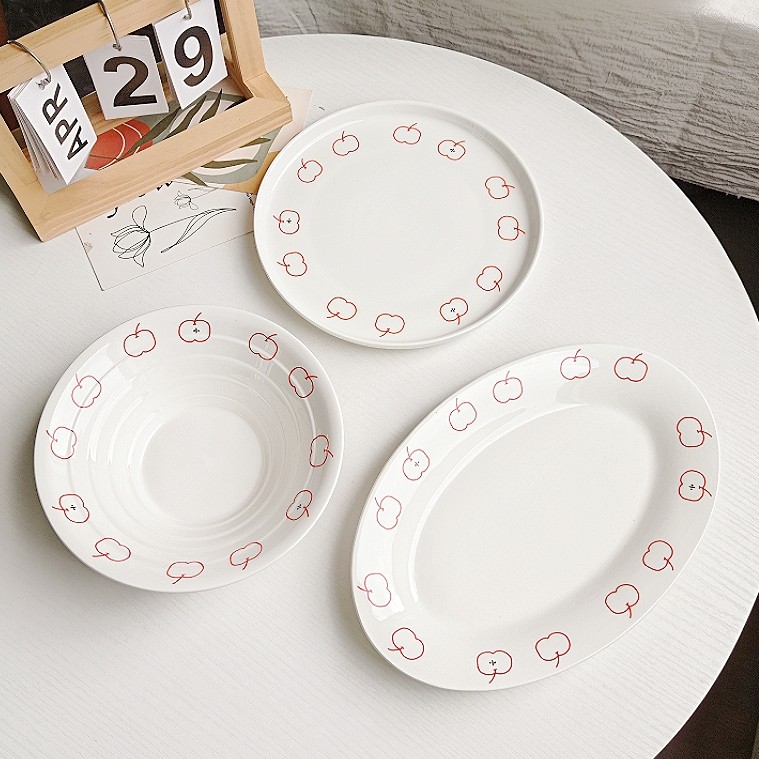 简约红苹果陶瓷盘子碗套装 家用餐盘饭盘平盘日式斗笠碗嗦粉送礼,淘宝优惠券,粉丝福利购,淘宝优惠卷