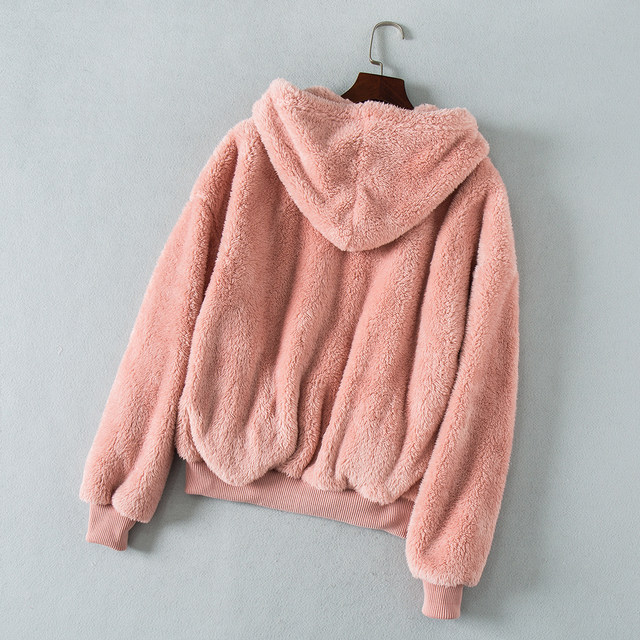 Slow hands! American single thickened furry winter women's hooded jacket loose all-match zipper sweater