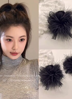 高级感蓬松高马尾黑色羽毛抓夹
