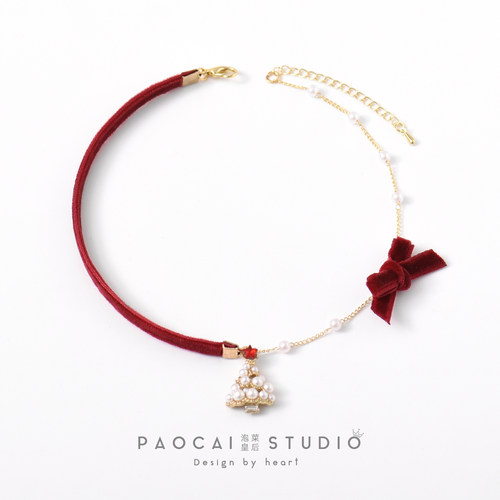 原创珍珠圣诞树吊坠丝绒锁骨链女红色喜庆项链气质百搭颈链choker - 图0