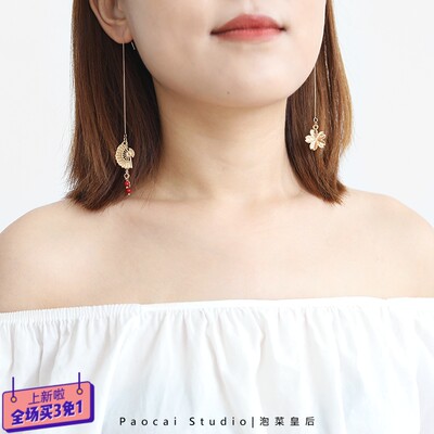 日式和风耳线浪漫樱花长款超仙少女耳饰ins原宿扇子仙鹤耳环耳钉 虎窝淘