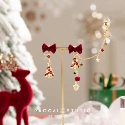 原创设计圣诞节镶钻圣诞树甜美新年红色耳钉耳骨夹耳环耳夹耳饰品 - 图0