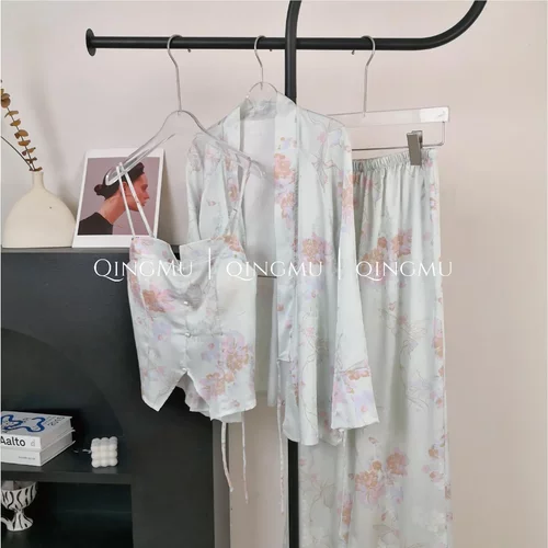 【青黛】吊带睡衣女春抗菌带胸垫家居服高级感长袖冰丝睡衣女 - 图1