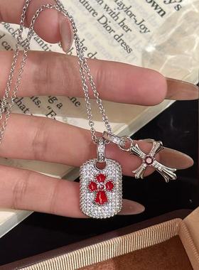 克啰訫设计感满钻十字架吊牌项链潮酷星牌经典嘻哈毛衣链男女同款