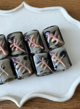 小花灰渐变玻璃长方珠21x16mm
