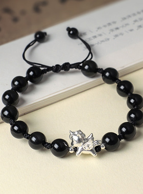 999足银马年生肖马黑曜石串珠情侣式手链女原创设计猫眼石手串