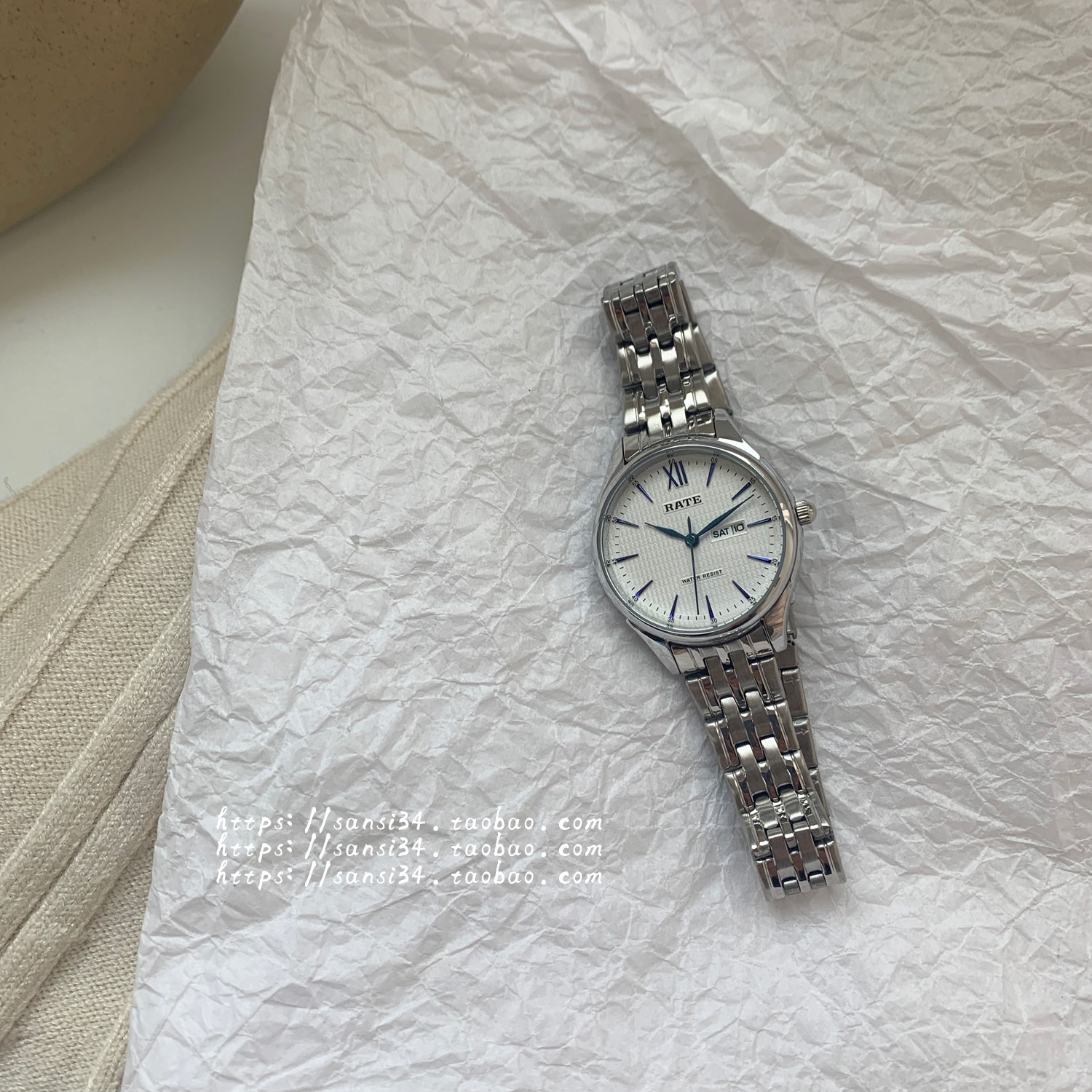 三四店 60刻度带日历星期功能石英表 复古文艺简约百搭钢带手表,淘宝优惠券,粉丝福利购,淘宝优惠卷