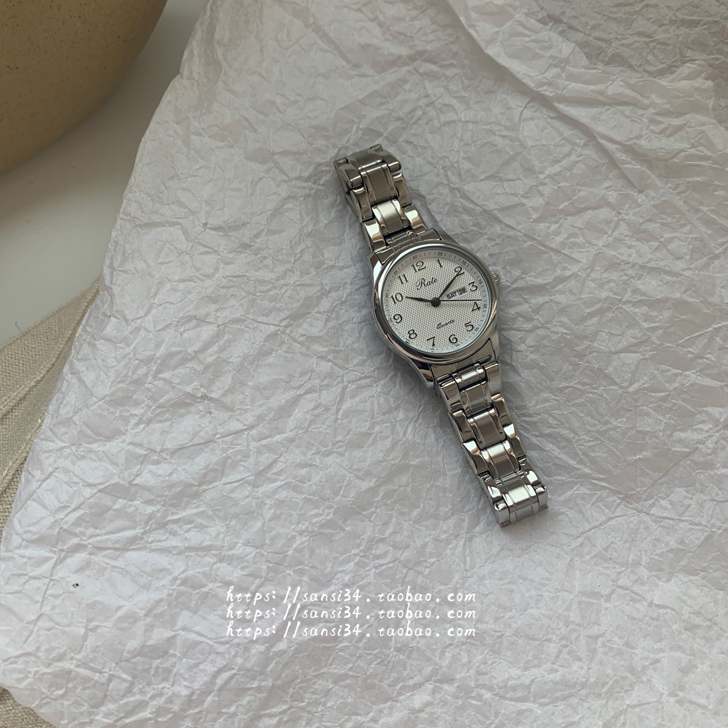 三四店 60刻度带日历星期功能石英表 复古文艺简约百搭钢带手表,淘宝优惠券,粉丝福利购,淘宝优惠卷