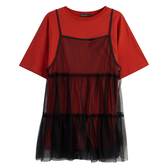 QUEENSHOP 2025秋冬新品女装素面蛋糕网纱两件式连衣裙01140077