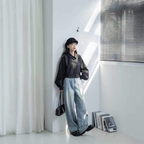 QUEENSHOP 2026春夏新品女装复古水洗剪接低腰牛仔裤04011821 - 图0