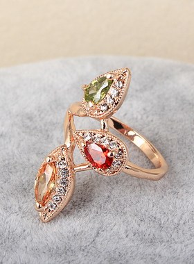 时尚五彩锆石叶子食指女日戒指