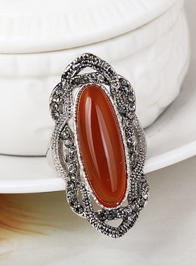 欧美镂空长款红玛瑙食指戒指女