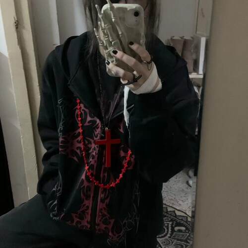 湿体原创  亚文化暗黑系连帽卫衣摇滚朋克宽松外套刺青印花上衣女 - 图2
