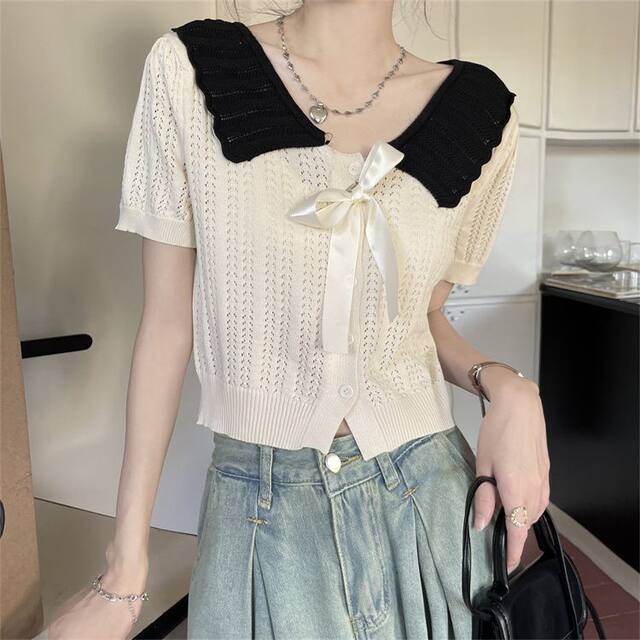 French Sweet Versatile Bow Contrast Knitted Sweater for Women