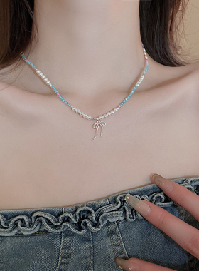 简约仿珍珠米珠蝴蝶结项链套装小众设计感复古锁骨链新款颈链女