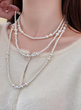 复古多层叠戴珍珠项链女款2024新款爆款锁骨链高级感气质毛衣链