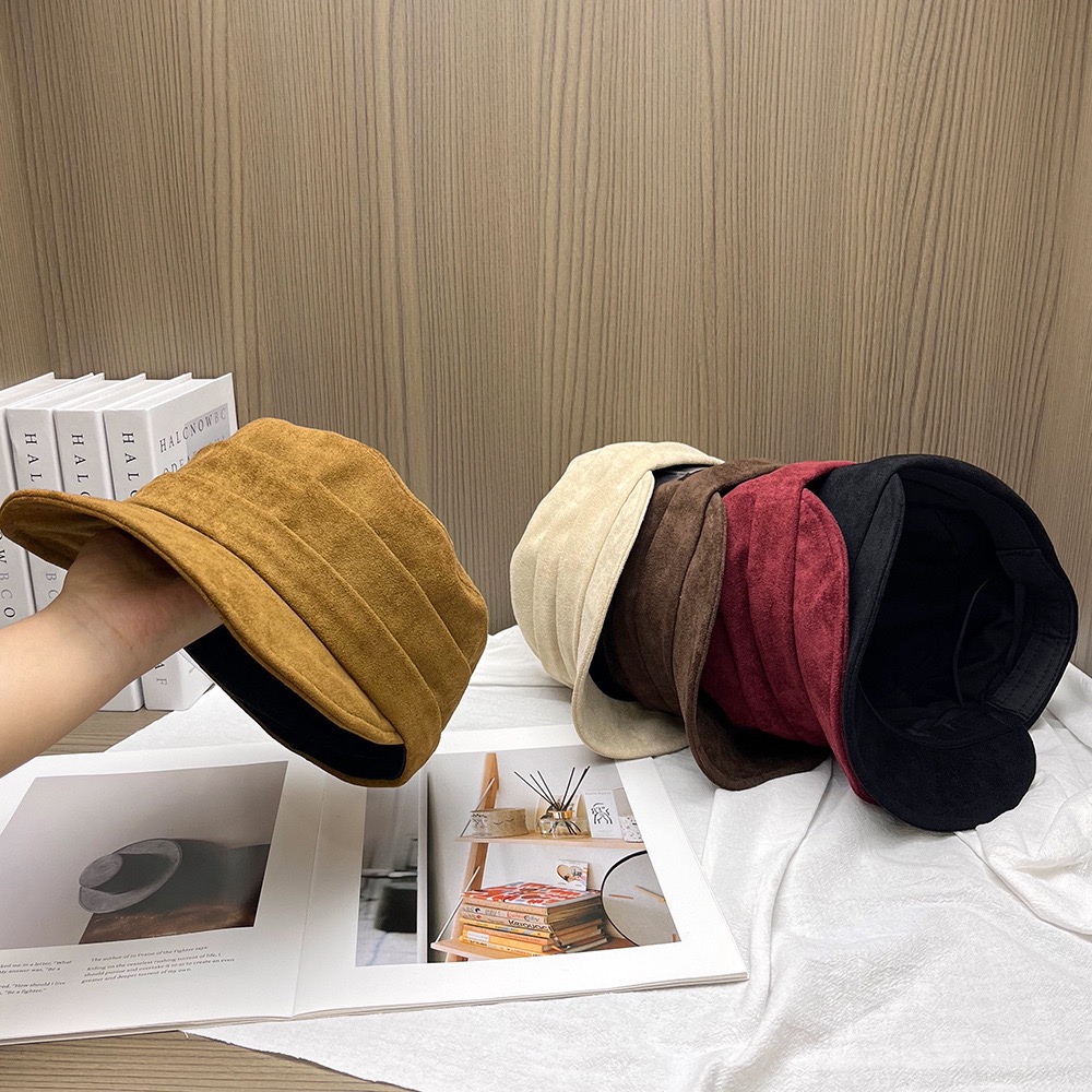 明星同款气质纯色马术帽褶皱麂皮绒平顶鸭舌帽女休闲百搭显脸小 - 图3