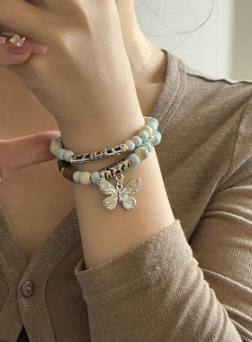 复古民族风藏银镂空弯管手串小众设计感国潮串珠手链蝴蝶国风双层