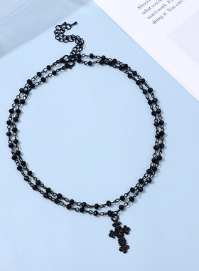 小众暗黑复古黑色玫瑰十字架双层项链项圈锁骨链choker甜酷情侣女
