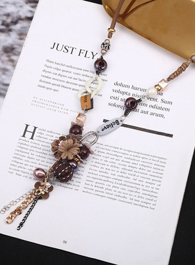 partyme手工复古民族花朵吊坠流苏长款项链中式美拉德珠串毛衣链