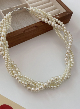 珍珠缠绕几何多层项链法式复古气质锁骨链个性简约百搭项饰