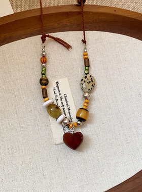 partyme手工蜡绳木质爱心吊坠项链复古民族风毛衣链小众项饰女