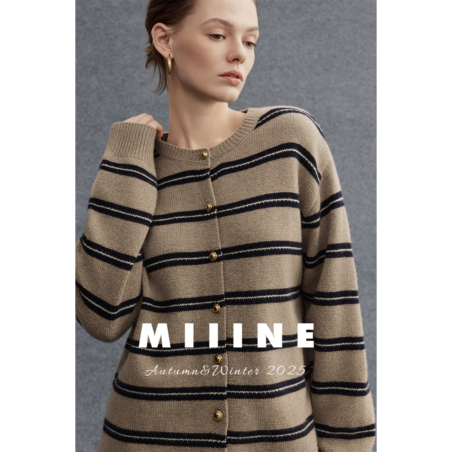 Miiine条纹全羊毛开衫 miu系宽松慵懒风软糯简约套头针织毛衣 - 图1