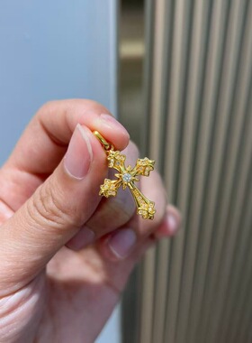 通体18k金芒星十字架吊坠 Au750彩金镶莫桑石轻奢个性吊坠女 水贝