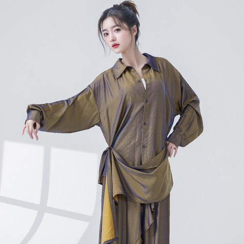 GTD现代舞服装女清水蓝飘逸宽松衬衫式演出练功服侧飘片爵士衬衣 - 图2