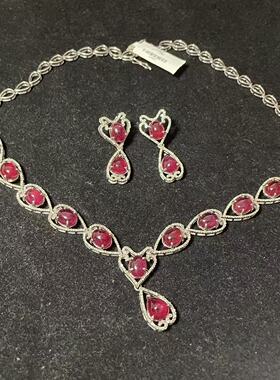 【BW宝石】老烧红宝石大克拉套装，项链和耳钉925银镶，品质极好