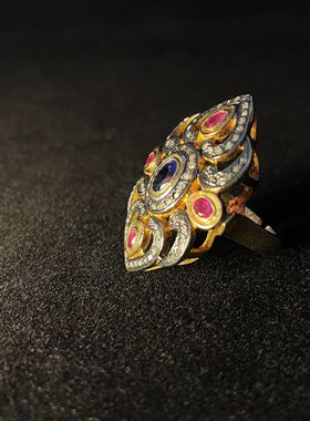 【BW宝石】ART DECO活口戒，老烧蓝宝石主石老烧红宝石和钻石配石