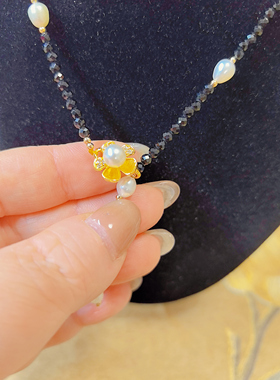 【BW珍珠】黑色尖晶珍珠项链，花朵扣头，长45cm，扣头可调节长短