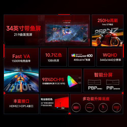 AOC CU34G3Z 34英寸4K电竞250Hz 电脑显示屏幕曲面带鱼屏 CU34G4Z - 图0