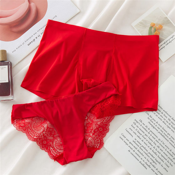 A set of free shipping nationwide! Thin, traceless ice silk couple underwear, sexy and tempting, red and transparent for wedding in the year of birth