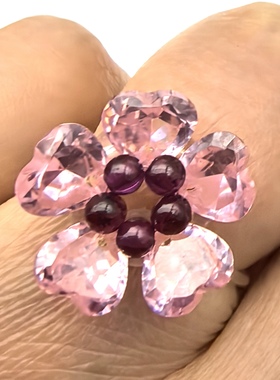 天然水晶石榴石+粉锆石戒指指环女款情侣款一物一图A33