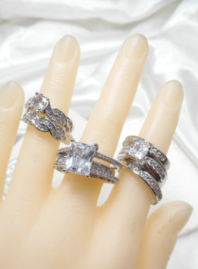 女铜镀真金花朵几何锆石戒指指环