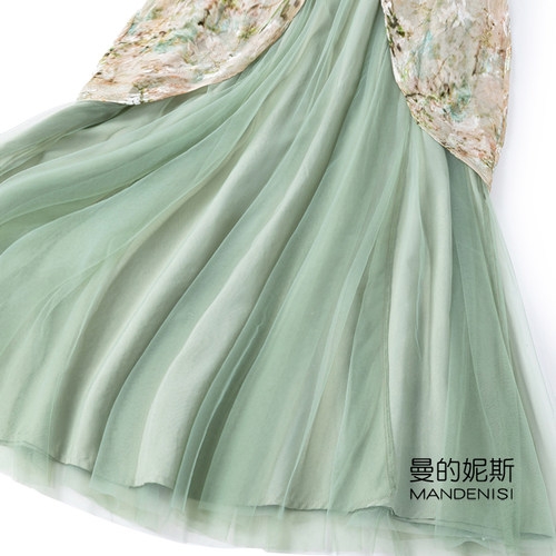 桑蚕丝林间礼服纱裙！金线丝绒烂花真丝V领蝙蝠袖连衣裙双层长裙 - 图1