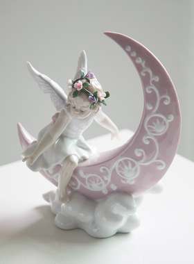月亮天使小女孩艺术陶瓷摆件