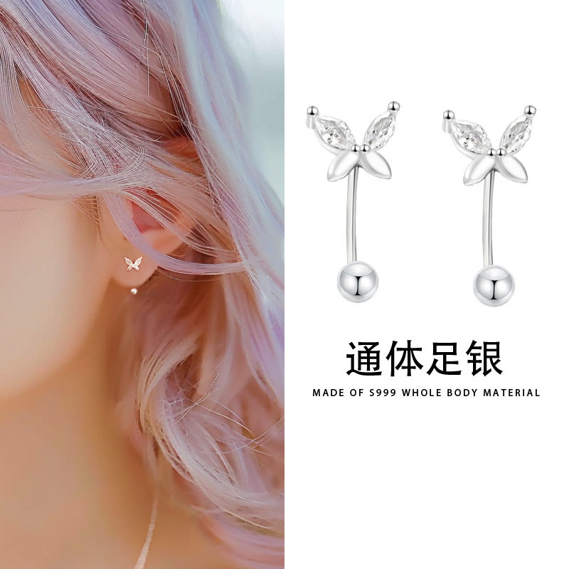 通体S999足银纯银镶钻蝴蝶结后挂螺丝拧耳钉耳环设计感高级养耳洞,淘宝优惠券,粉丝福利购,淘宝优惠卷