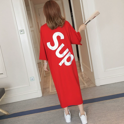 Красная хлопковая длинная юбка, длинная пижама, платье, короткий рукав, большой размер, в корейском стиле