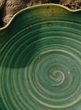 景德镇手作陶瓷星星花朵造型墨绿色水果沙拉碗孤品