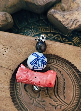 天然海竹+老青花瓷手绘风车图案项链吊坠孤品！手作孤品！