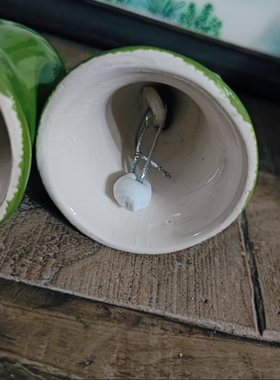 中古陶瓷绿色雪花圣诞风麋鹿造型铃铛一对儿孤品！有开片