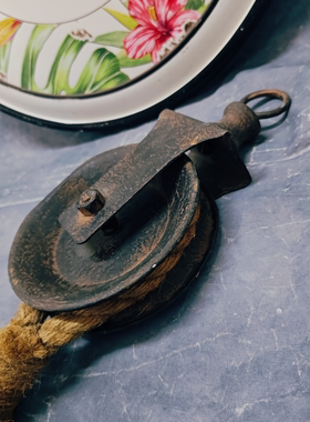 中古铁艺+麻绳滑轮造型装饰摆件孤品